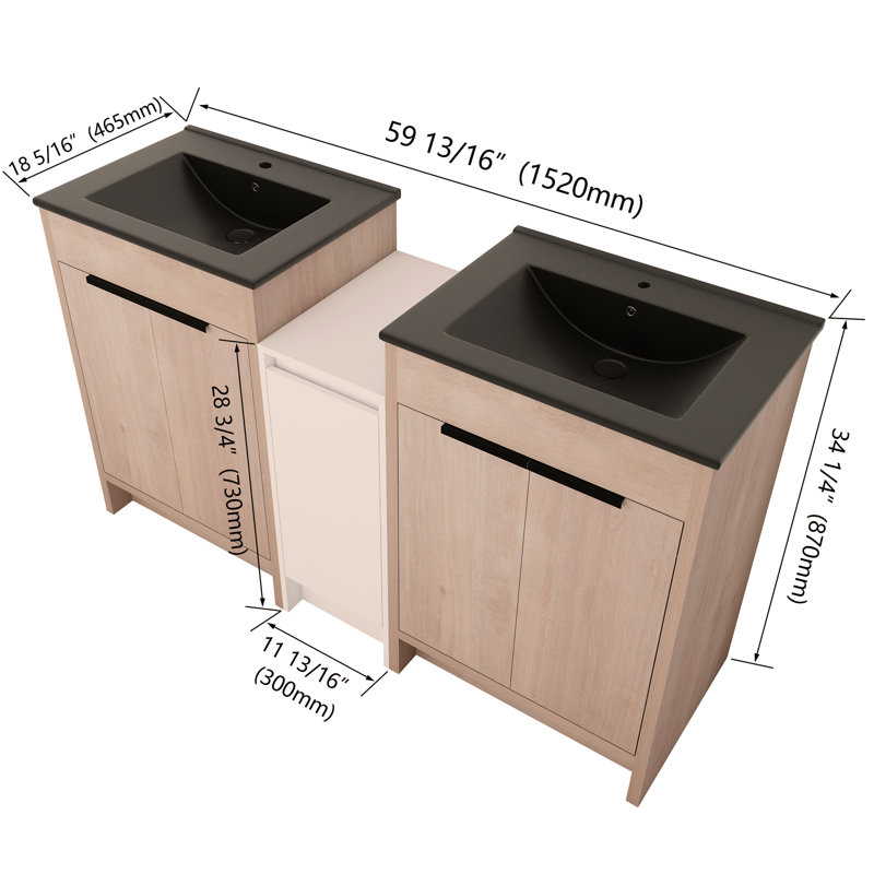 Meuble-lavabo autoportant de 60 po avec lavabo en céramique et armoires de rangement, porte à fermeture douce