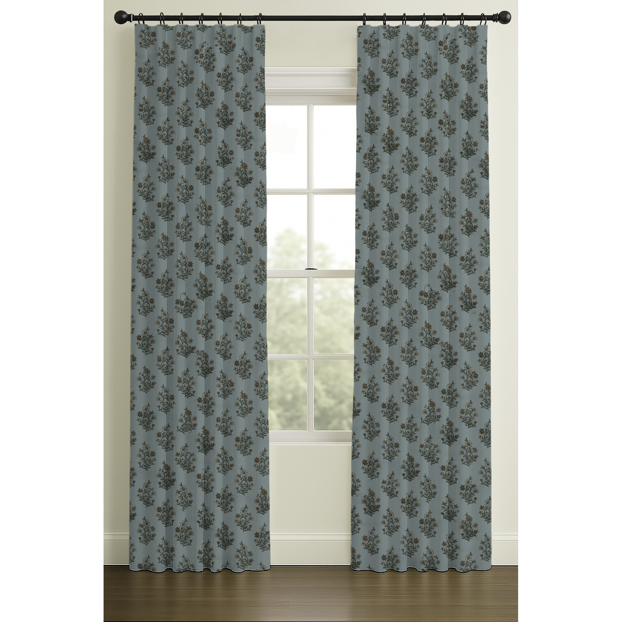Inverted Pleat Blackout Lining Floral Block Print, 33" W x 84" L, Ivory