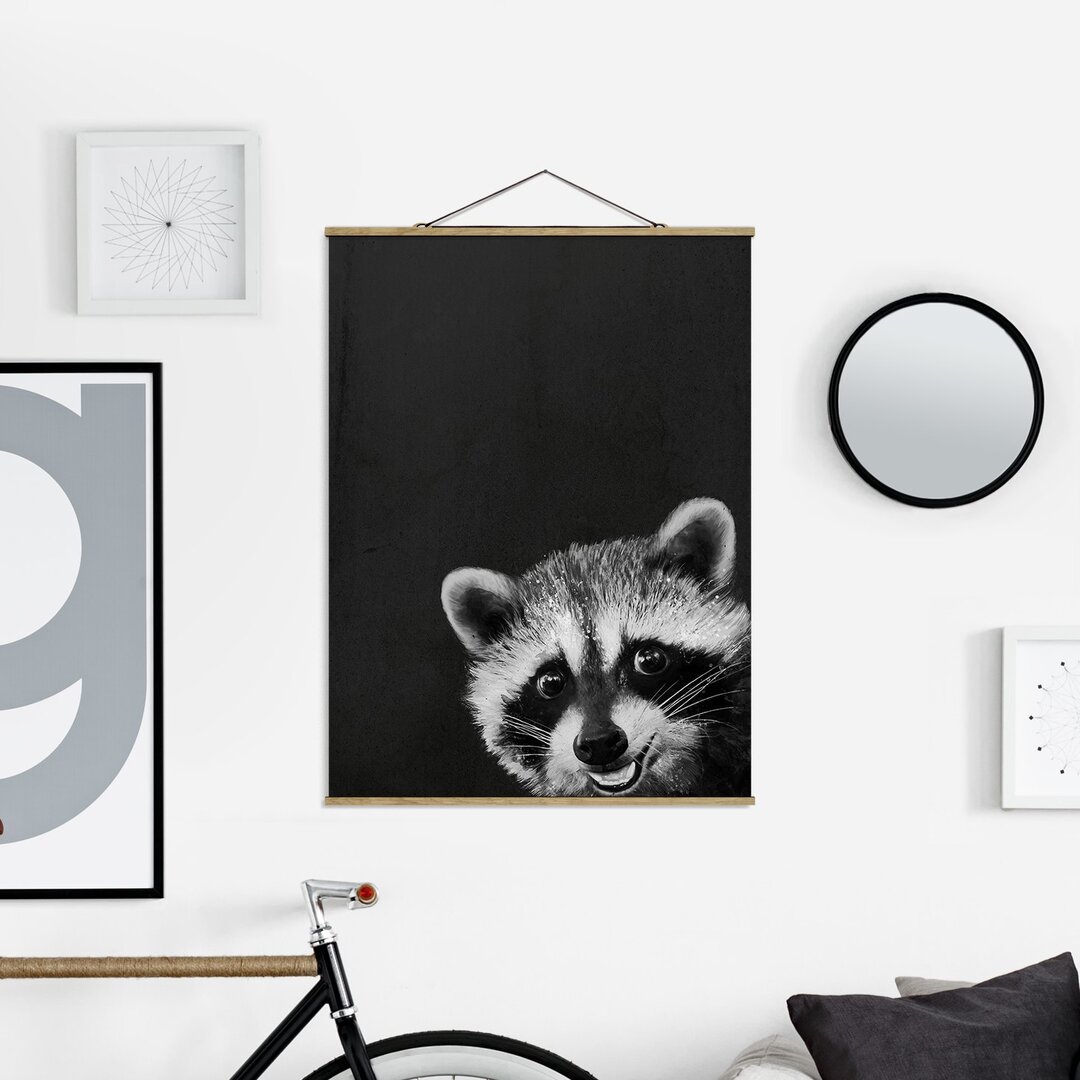 Stoffbild Illustration Raccoon Black White von Laura Graves