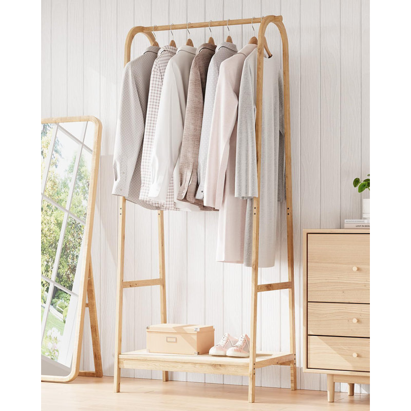 Portant à vêtements en bois, support à vêtements avec tablette de rangement