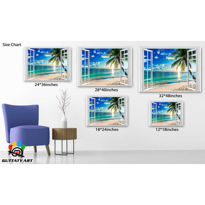 Tableaux, art mural palmiers sur toile, lever de soleil sur l'océan, H 31 po x l 47 po