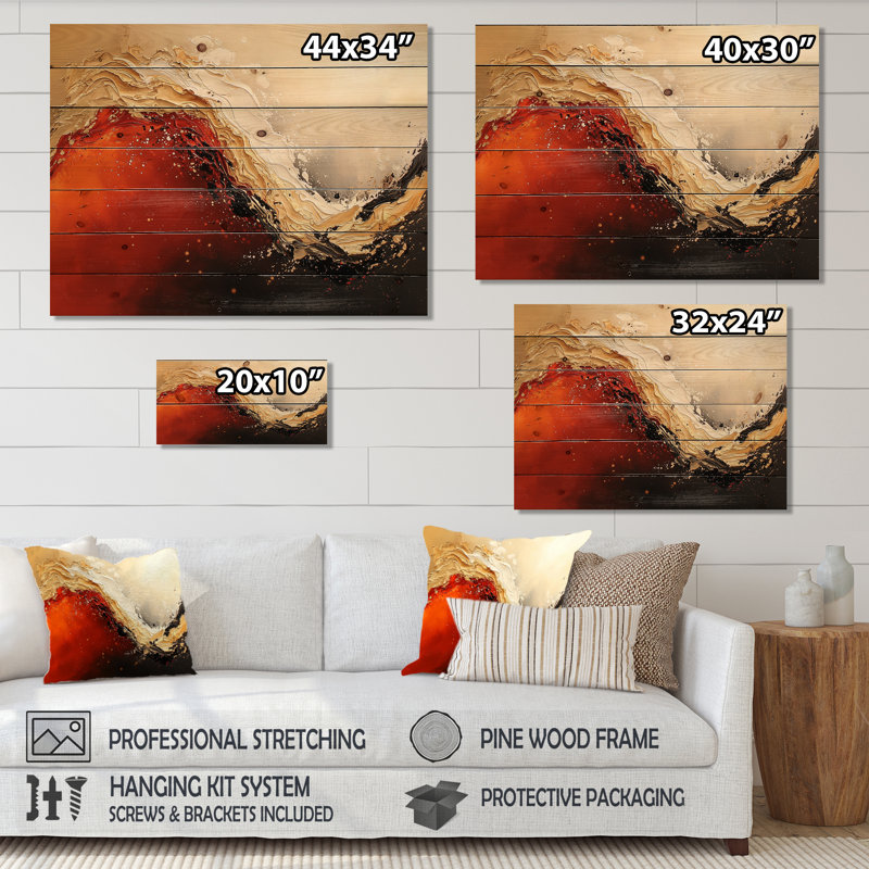 Red Desert Wave I - Paysage abstrait, impression sur bois rouge sur bois de pin naturel, H 30 po x l 40 po