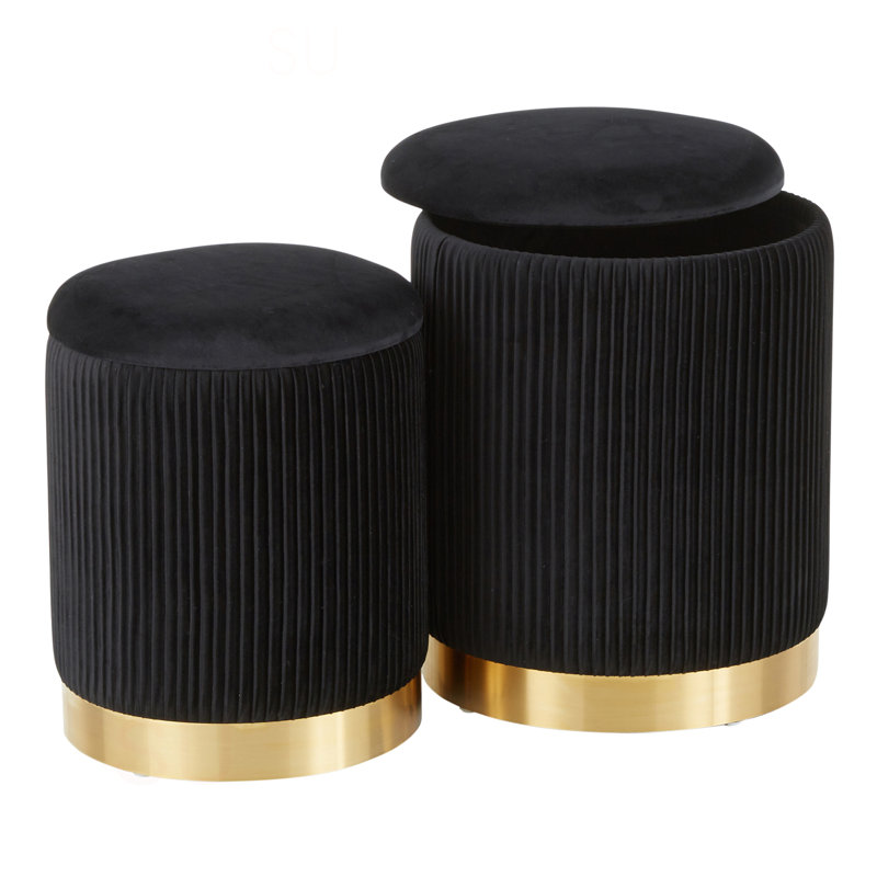 Marla Contemporary Nesting Pleated Ottoman Set, Black