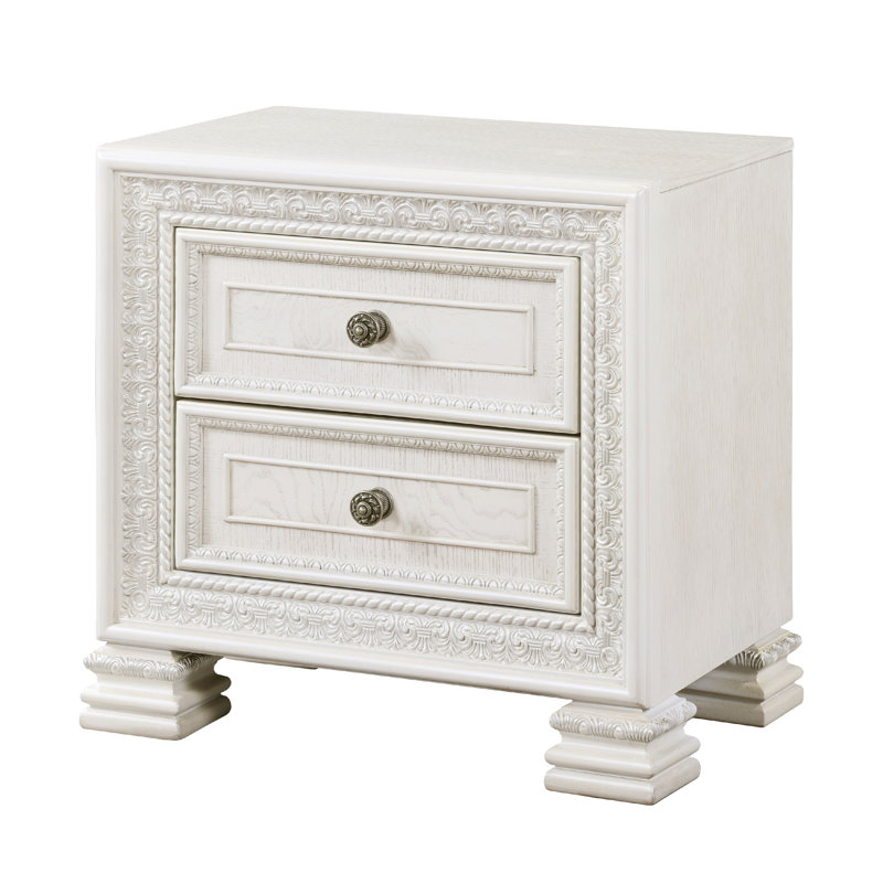 Rotu Nightstand, 2 Drawers Rope Moulding, White Ash Veneer, 28 Inch