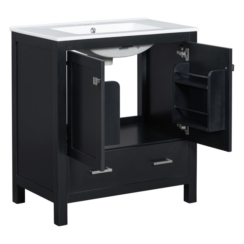 Meuble-lavabo noir de 30 po avec lavabo simple, meuble-lavabo encastré, armoire de rangement avec 2 portes et un tiroir, fermeture en douceur, rangement multifonctionnel, structure en bois massif