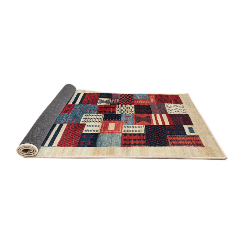 Tapis contemporaine vert/brun/rouge, Carré 7 pi