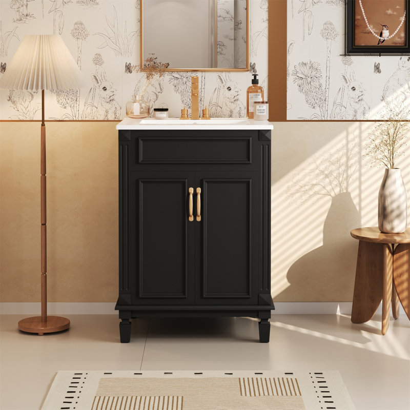 Meuble-lavabo 24 po avec lavabo supérieur, armoire de rangement moderne avec 2 portes à fermeture douce et tablette réglable, structure en bois massif