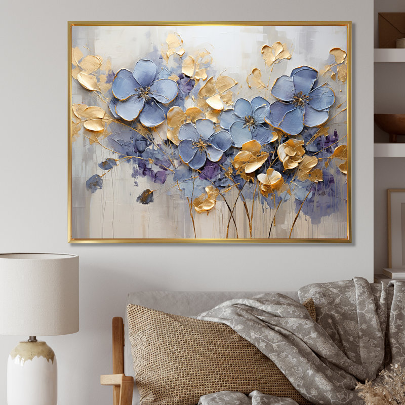 «Blue and Gold Exquisit Violets I» - art mural Violettes, Cadre flottant doré, H 12 po x l 20 po x P 1 po