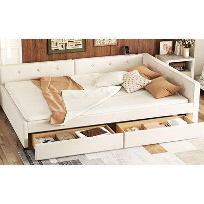 Beige Full Size Upholstered Platform Bed - Charging, 2 Drawers, Construction, No Box Spring, Bedroom Convenience Increase With & Drawers Wood Frame, Linen Upholstered, Elegance
