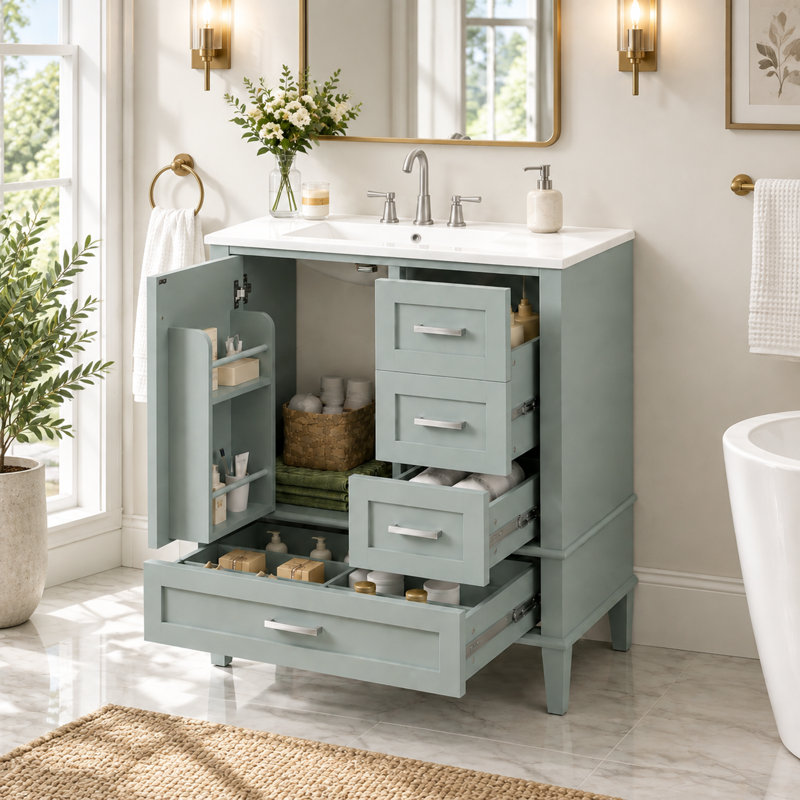 Meuble-lavabo de 76 cm avec lavabo intégré et rangement à fermeture amortie