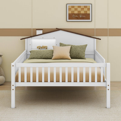 Alevras Wood Platform Bed with House-shaped Headboard, LED and Built-in Storage