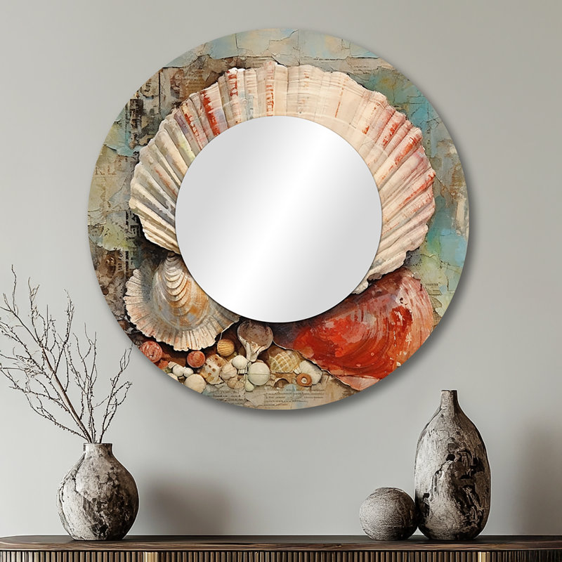 Abstract Seashell Treasures II - Seashell Unique Wall Mirror, Modern Round Mirror, Printed Metal Art, 29" x 29"