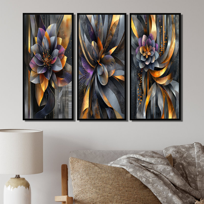 Fleur, pétale de dahlia géométrique en mouvement I - collection d'art mural Dahlia, H 28 po x l 36 po, Noir