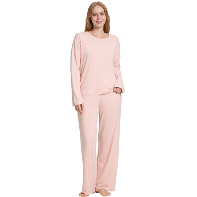  Womens Pajamas Set Soft Pjs Bathrobe Bamboo Long Sleeve Loungewear Wide Leg Pants Set Pink L