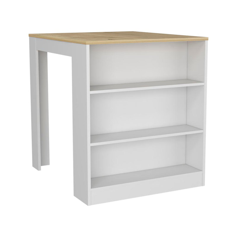 Kitchen Island Table, Two Legs, Three Side Shelves, White