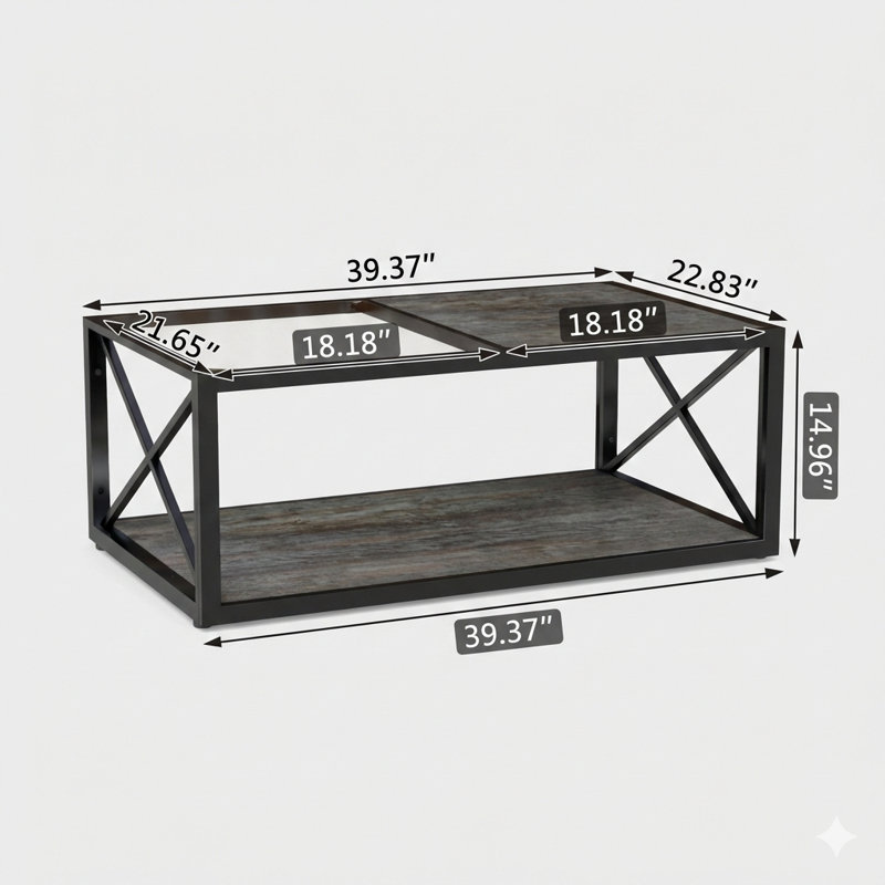 Table basse moderne pour chambre à coucher et salon, en verre trempé et panneau de fibres à densité moyenne rustique, dans un style industriel.
