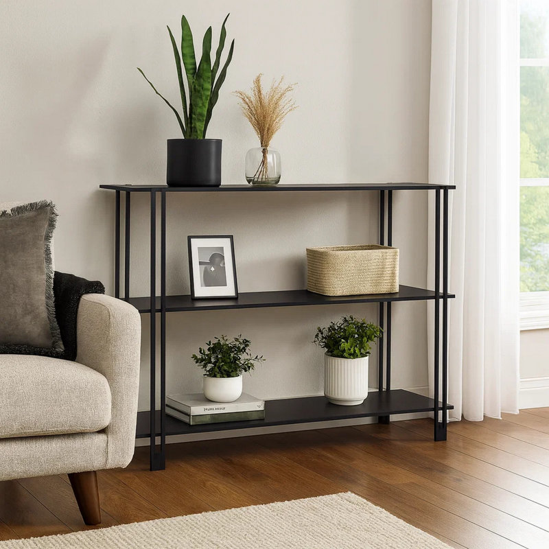 Étagère de rangement à 4 niveaux Rasha, tablettes spacieuses, métal, H 32 po x l 44 po x P 12 po, Noir, noir, noir, noir