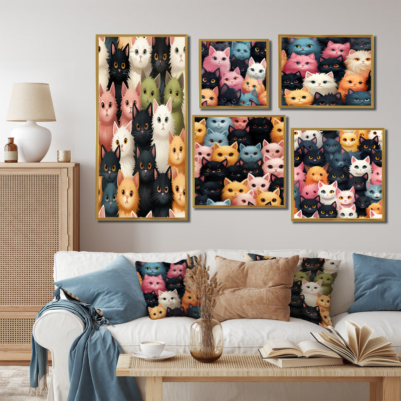Motif de chat rose et noir pour chambre de bébé - ensemble de 5 reproductions d'art animalier, Cadre flottant doré