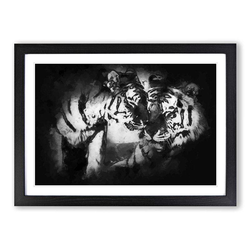 Two Snuggling Tigers in Abstract - Picture Frame Painting Print on MDF, 36cm H x 48cm W x 2cm D, Black Framed