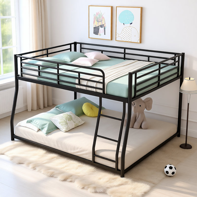 Metal Floor Bunk Bed with Inclined Ladder, Space-Saving Heavy-Duty Frame, Black, Full XL over Queen