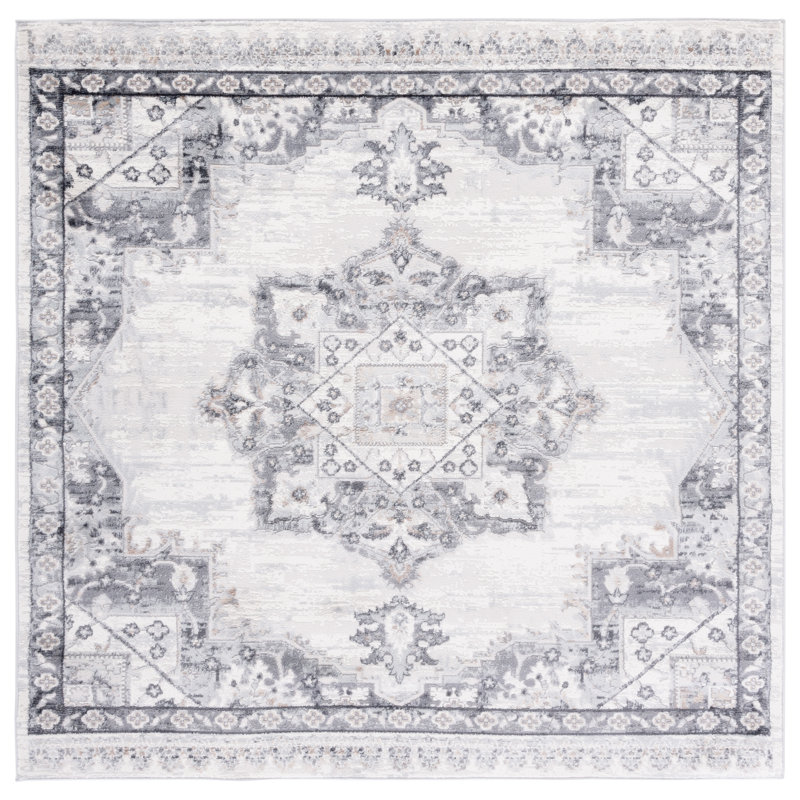 Tapis oriental ivoire et gris, Carré 6 pi 7 po