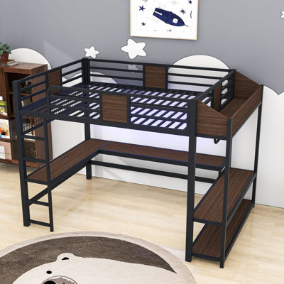 Lit mezzanine avec bureau, tablettes de rangement, tringle à vêtements, lumières et ports USB