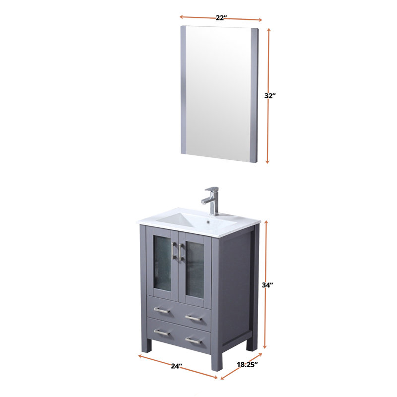 Volez 24 in W x 18.25 in D Single Bath Vanity, White Ceramic Top and 22 in Mirror, Dark Grey
