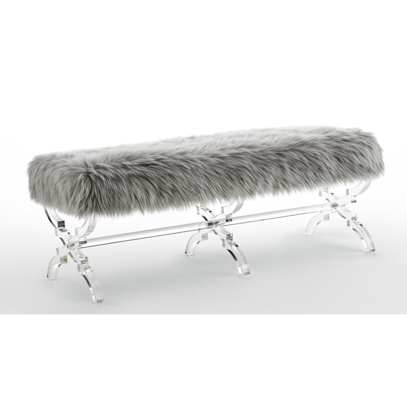 Giselle Faux Fur Acrylic X-Leg Bench, Gray