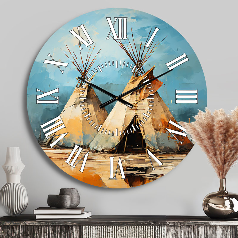Yellow Native Tipi Rhythms Collage III - Native American White Face Wall Clock, Medium