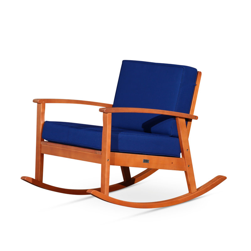 Chaise berçante en eucalyptus avec coussins, Naturel, Marine