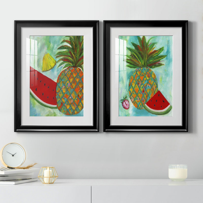 Ananas et melon d'eau I - ensemble de 2 reproductions d'art, H 18,5 po x l 49 po x P 1,5 po, Papier encadré noir, Blanc