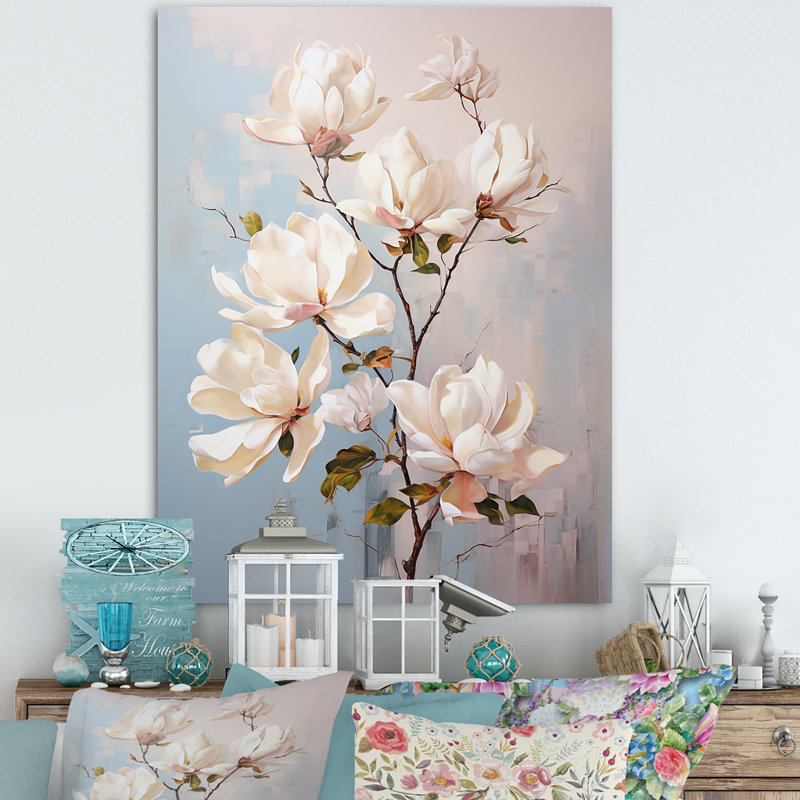«Magnolias fleur beige et vert» sur toile, Toile tendue, 20" H x 12" W