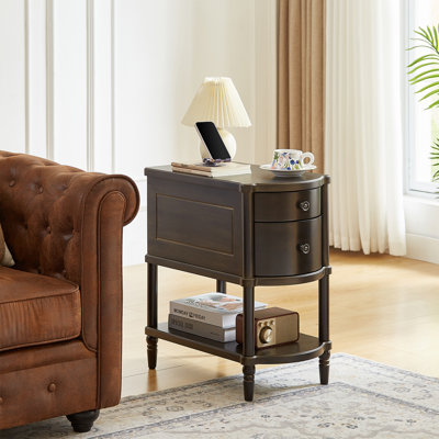 Table d'appoint avec station de charge, 2 tiroirs et tablette ouverte, table de bout étroite à assemblage facile pour le salon