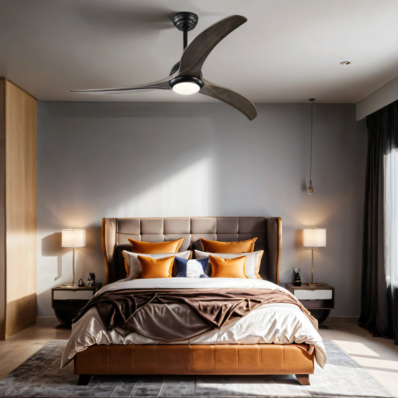 52-in with Integrated LED Indoor Ceiling Fan with Light and Remote (3-Blade), Black, Dark Brown Wood