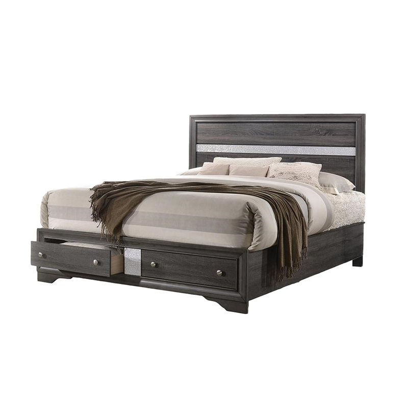 Lit double traditionnel gris avec rangement - Fabrication en bois d'ingénierie et fonctionnalité pratique