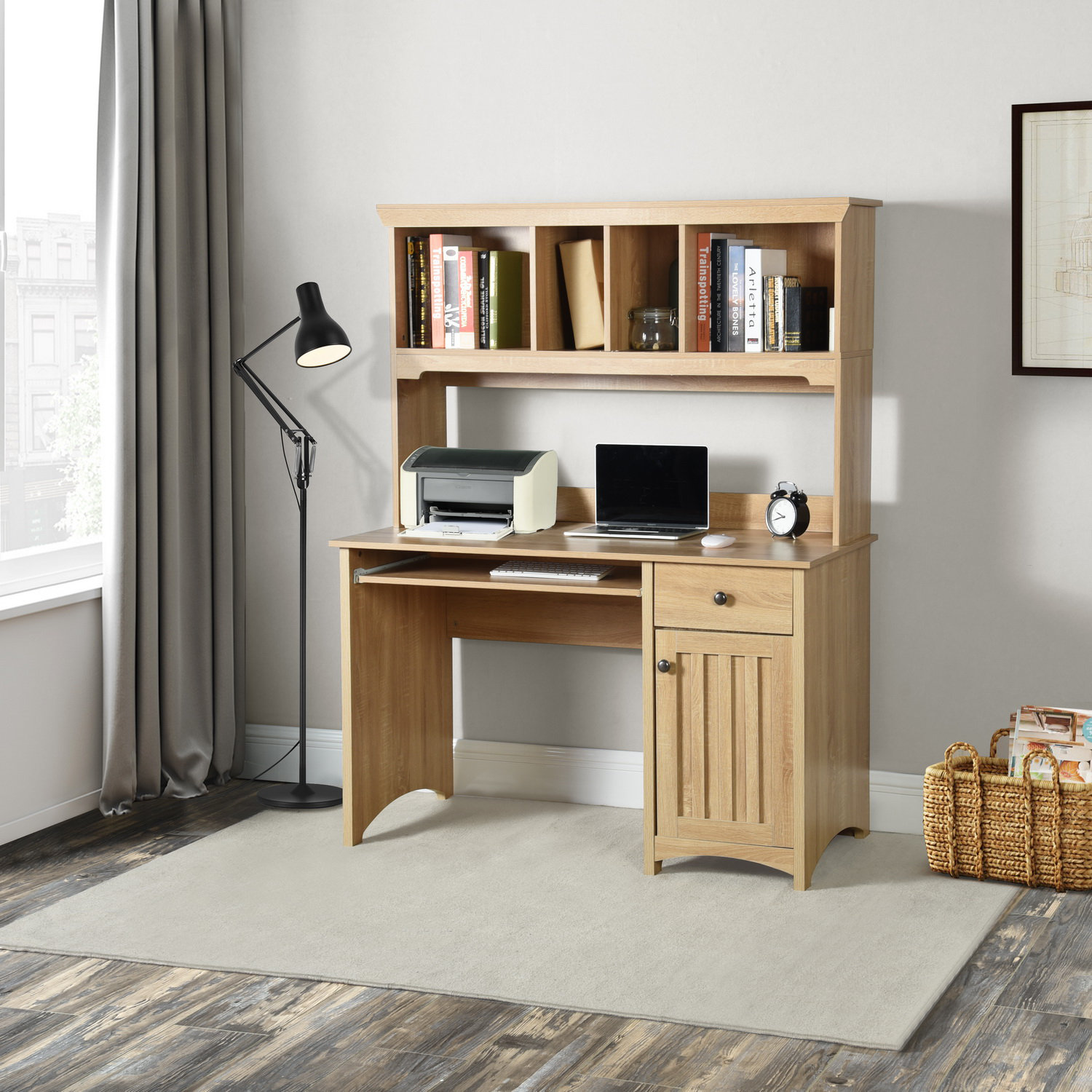 HOMCOM Farmhouse Computer Desk with Hutch and Cabinet, Home office Desk  with Storage, for Study, White