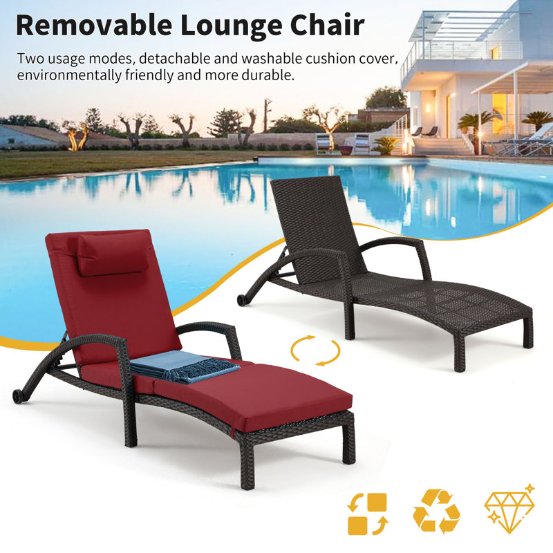 Red and Black Adjustable Wicker Outdoor Chaise Lounge Set