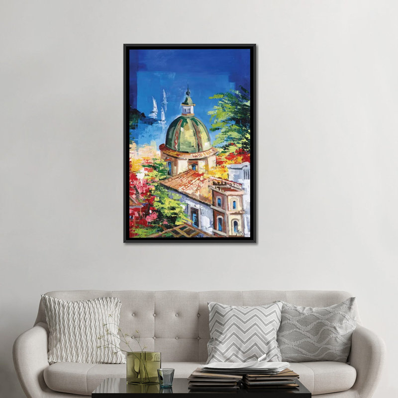 « positano », reproduction sur toile, H 60 po x l 40po x P 1,5 po, Toile avec cadre noir, Pas de tapis