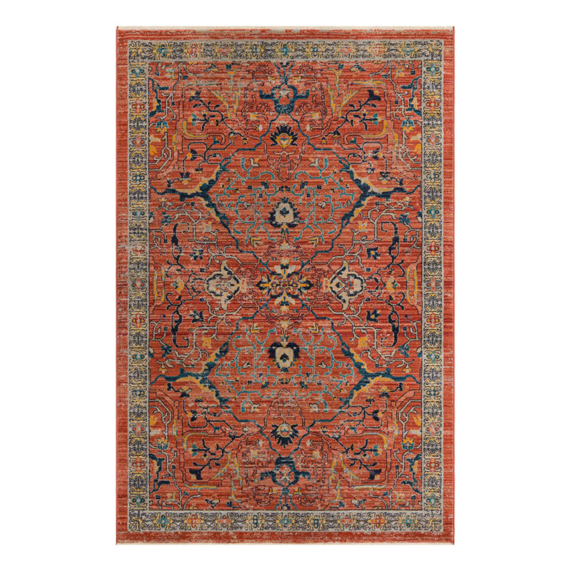Tapis rouge brique à motif floral Alkire, Rectangle 6 pi x 9 pi 2 po