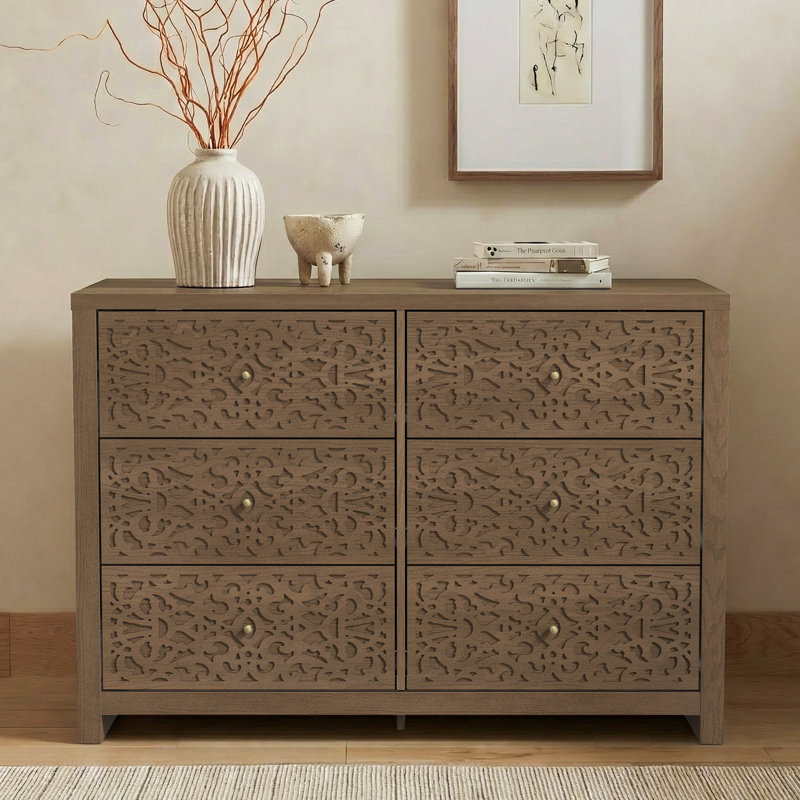 Zahara Bohemian 45.4"W 6 Drawer Dresser, Dark Brown Oak
