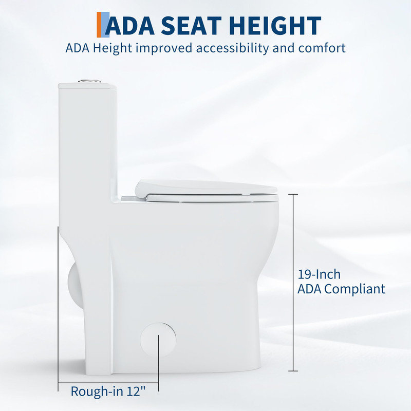Modern One-Piece Toilet, Dual Flush 0.8/1.28 GPF, ADA Height 19", 12" Rough-In, Soft Closing Seat