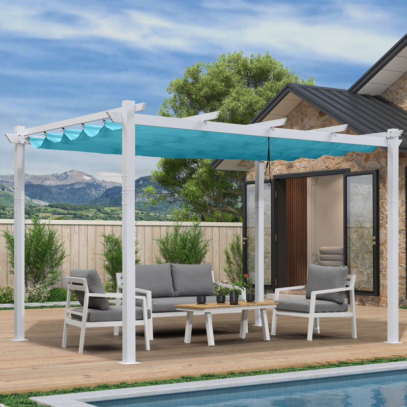 PURPLE LEAF 10' X 12' Outdoor Retractable Pergola with Sun Shade Canopy Cover White Patio Metal Shelter for Garden Porch Yard BBQ Beach Gazebo Grape Trellis Pergola, Turquoise Blue
