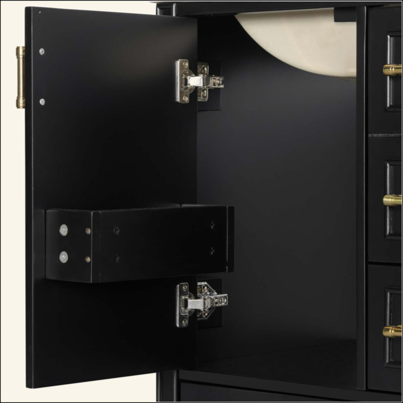 Meuble-lavabo moderne avec lavabo en céramique, porte à fermeture douce, 3 tiroirs, poignées dorées et support de porte pour un rangement peu encombrant