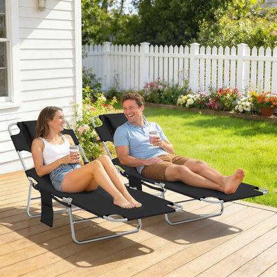 Chaise Lounge Chair Outdoor with Face Arm Hole, 5-Position Reclining Face Down Tanning Chair with Carry Strap, Side Pocket, Portable Folding Bed Cot for Patio Beach Pool, Black