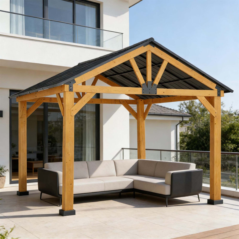 Pavillon de jardin extérieur durable avec cadre en bois massif et toit en acier pour une utilisation toute l'année