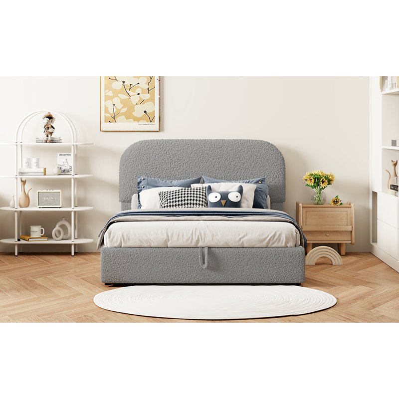Lit plateforme rembourré polyvalent avec rangement hydraulique - molleton double gris et fonctionnalité efficace