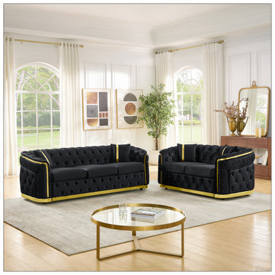Ensemble de canapé Chesterfield de luxe en velours 2 pièces, ensemble de canapé causeuse 84,6 "à 3 places et 62,6" pour le salon avec décoration en acier inoxydable doré et 4 coussins, beige