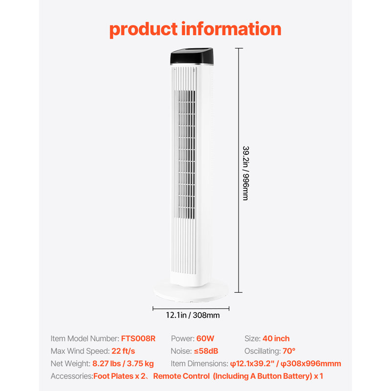 40" Oscillating Tower Fan 9H Timer 22 ft/s High Velocity with Remote Control