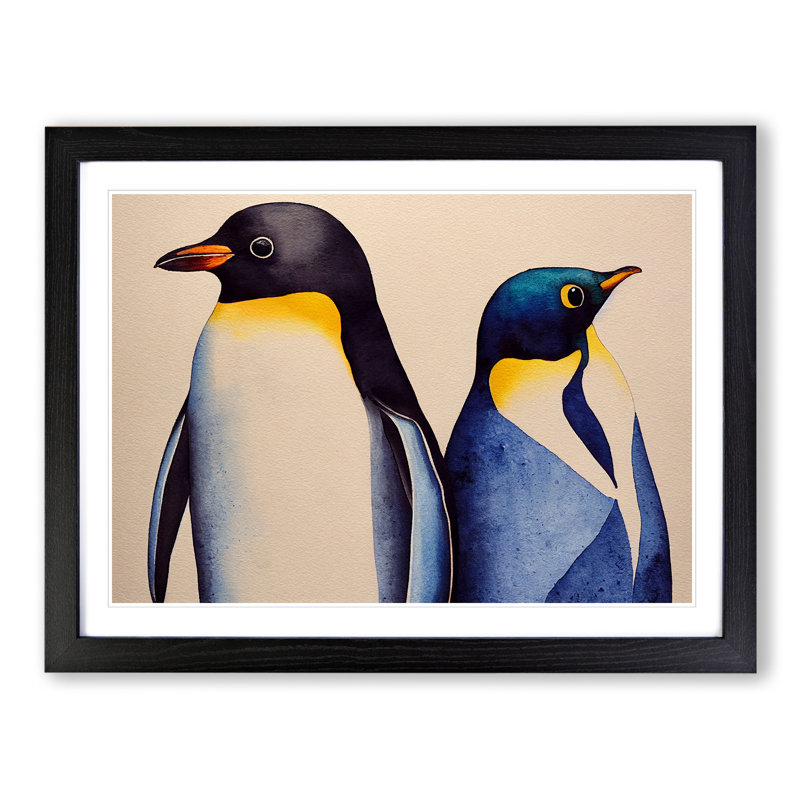 Watercolour Penguins - Single Picture Frame Print, Black Framed, 46cm H x 64cm W x 2cm D
