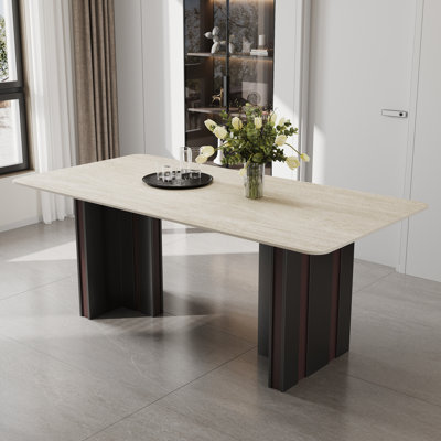 63" Rectangular Dining Table for 6 People, Light Travertine Sintered Stone Top Kitchen Table with Sturdy Steel Legs, Modern Farmhouse Dining Room Furniture